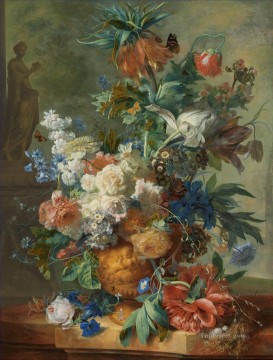 Flores Painting - Naturaleza muerta con estatua de Flora, la diosa de las flores, Jan van Huysum, flores clásicas.